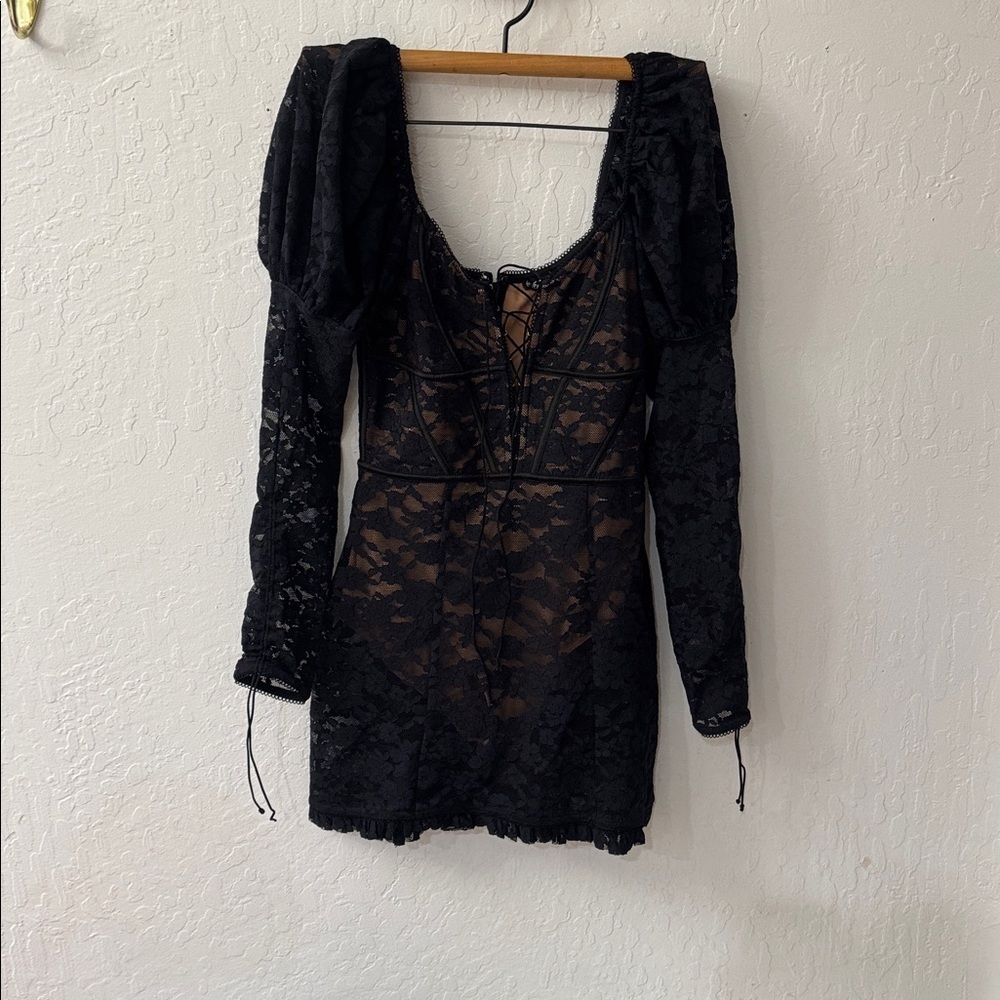 For Love and Lemons Dress Violetta Lace Up Mini Puff Sleeve Black Lace XS - Picture 4 of 8